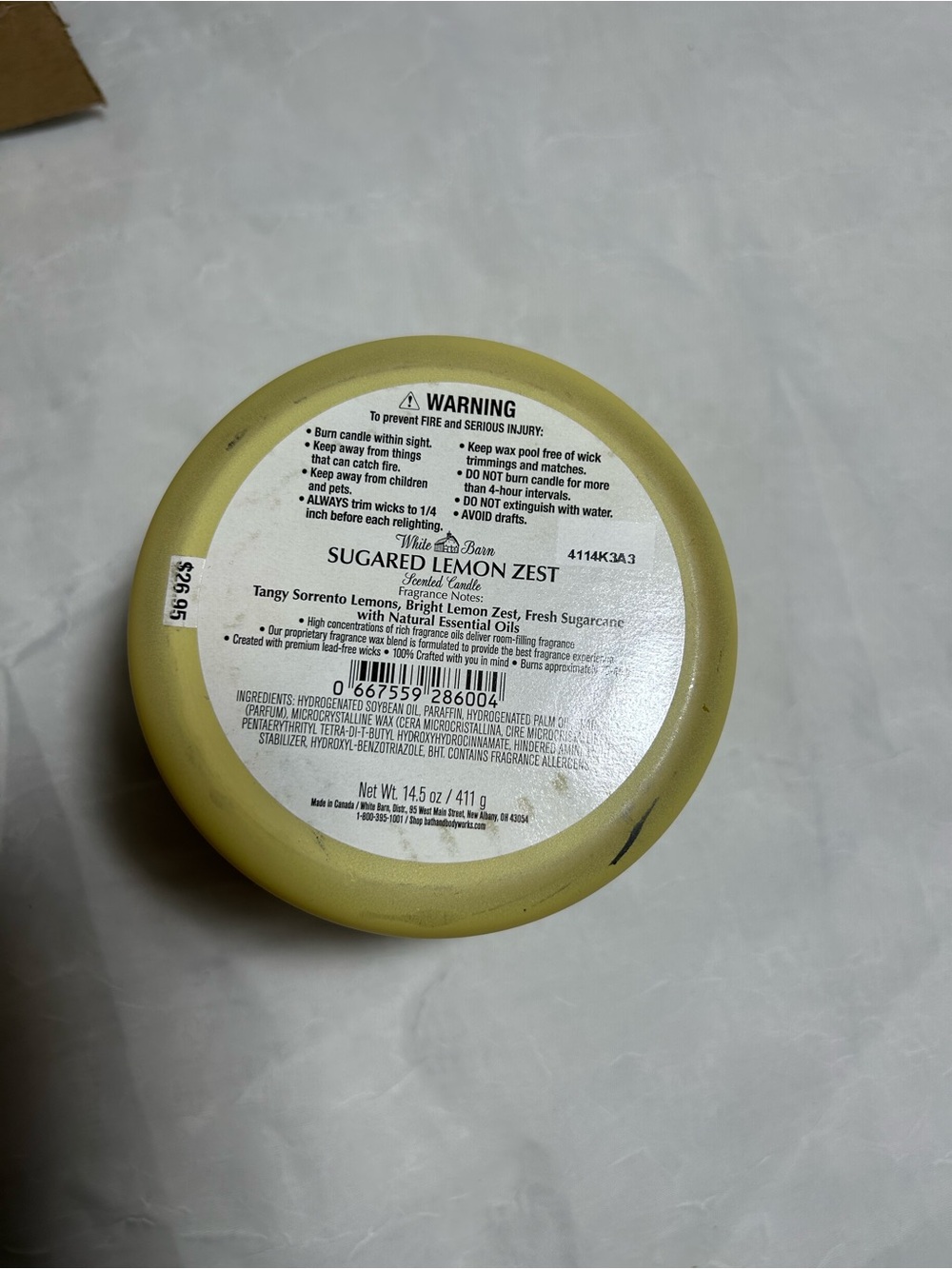White Barn Sugared Lemon Zest Yellow 3 wick Candle Bath and Body Works - Picture 2 of 7